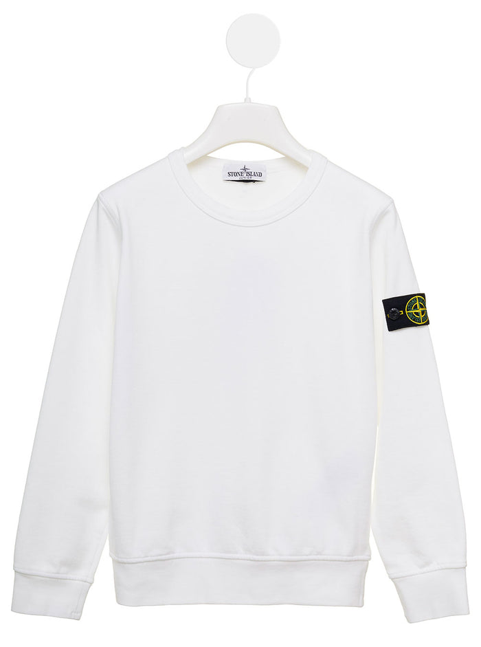 White Crewneck Sweatshirt With Logo Patch Cotton Boy Jersey