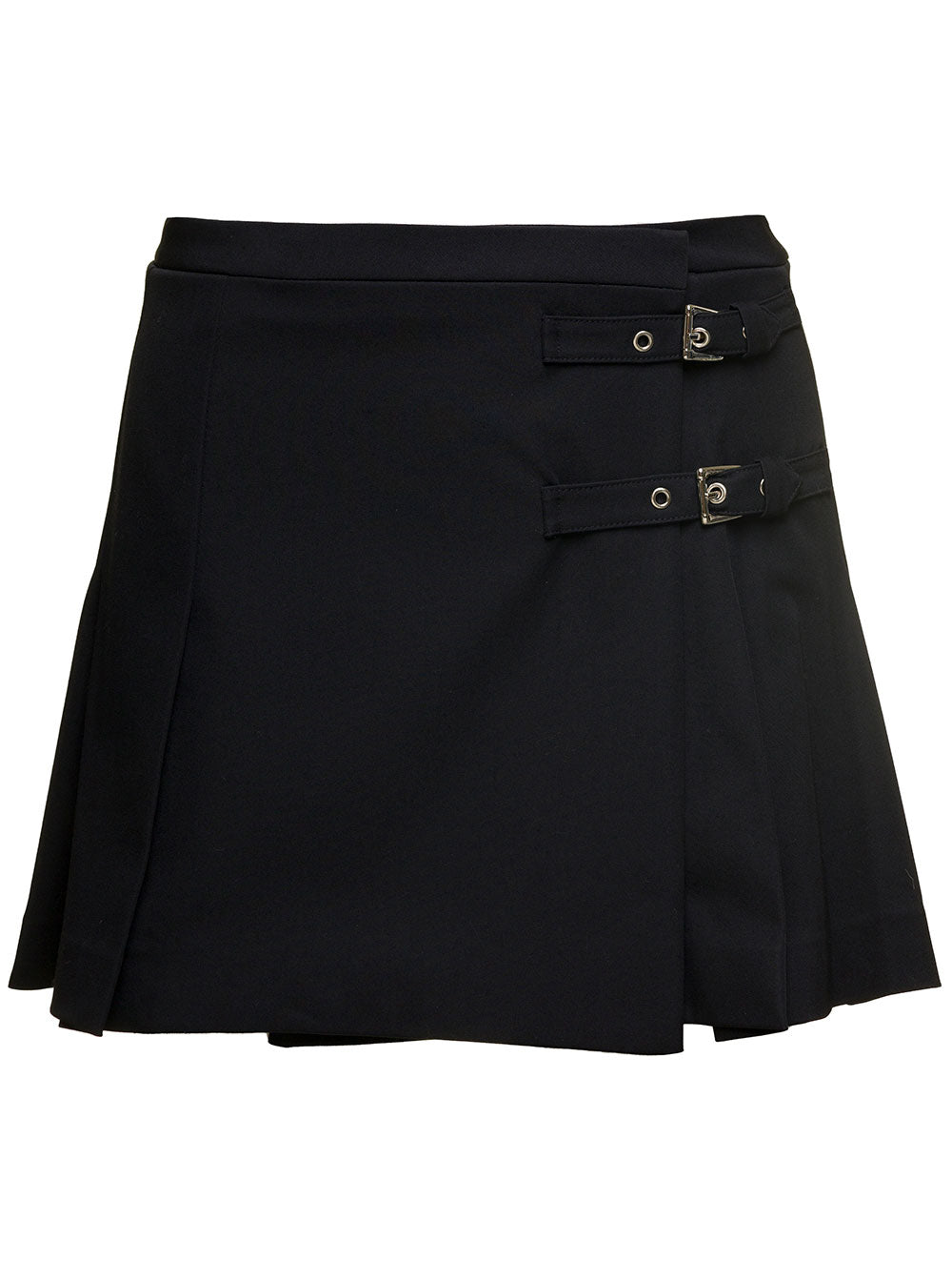 Black Mini Skirt With Side Bukle Detail Loop Wool Blend Woman Virgin Emerald