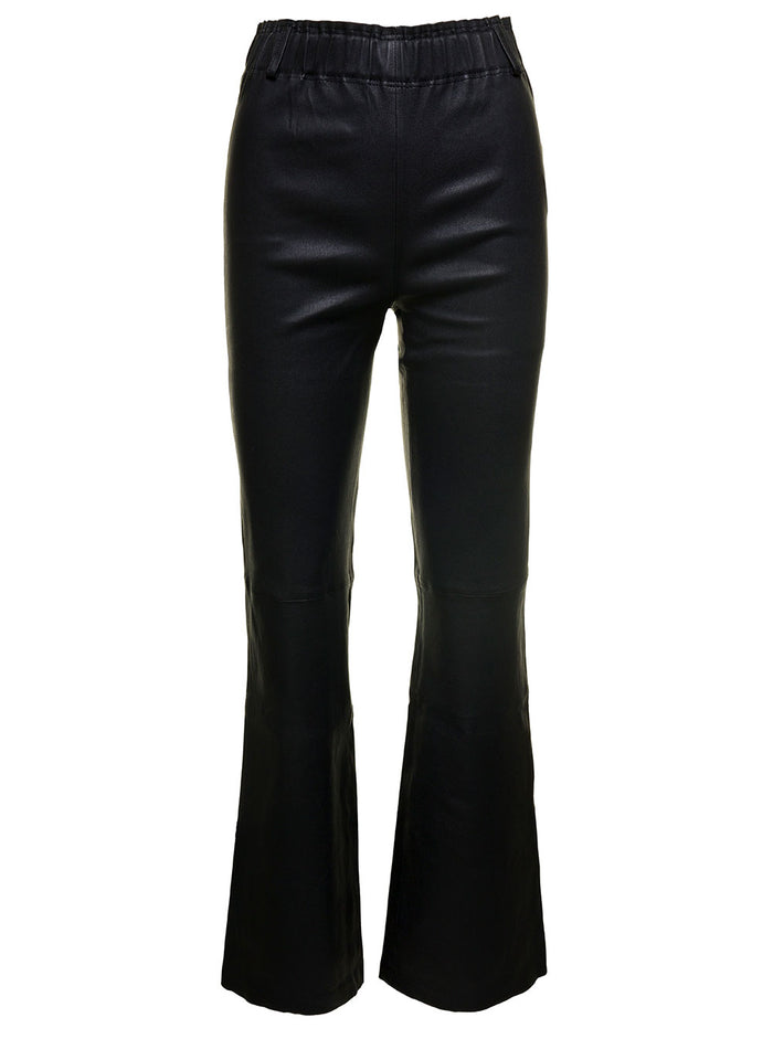 Rhianna Black Flared Pants With Elastic Waistband Leather Woman Lamb Trousers