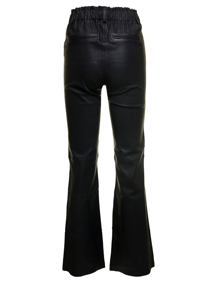 Rhianna Black Flared Pants With Elastic Waistband Leather Woman Lamb Trousers