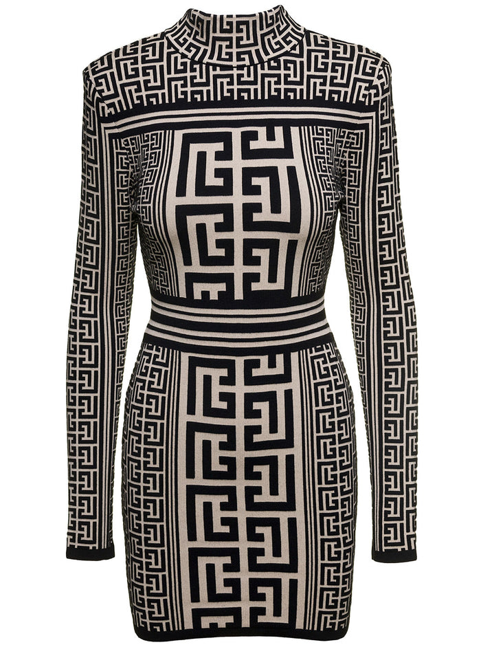 Two-Tone Mini Dress With All-Over Monogram Detail Wool Blend Woman White