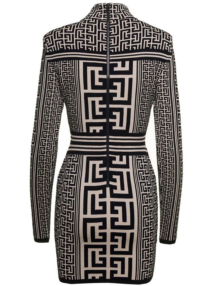 Two-Tone Mini Dress With All-Over Monogram Detail Wool Blend Woman White