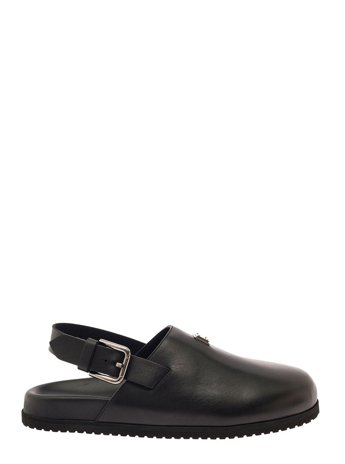 Black Clogs With Buclkle And Logo Plaque Smooth Leather Man Calf Flat Shoes