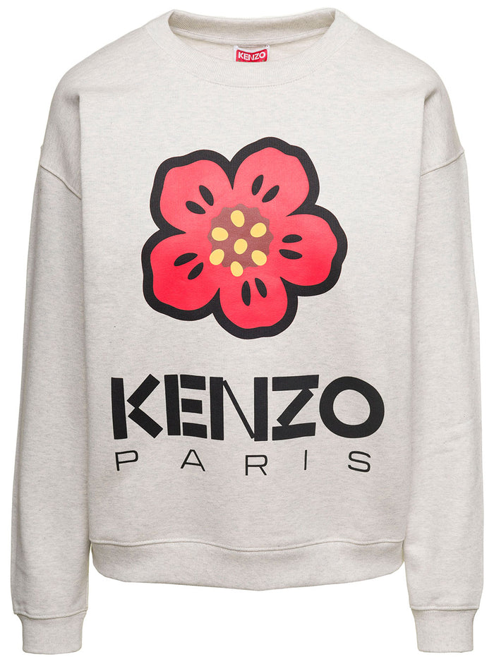 Grey Crewneck Sweatshirt With Boke Flower Logo Print Cotton Stretch Man White Elastane Sweatshirts