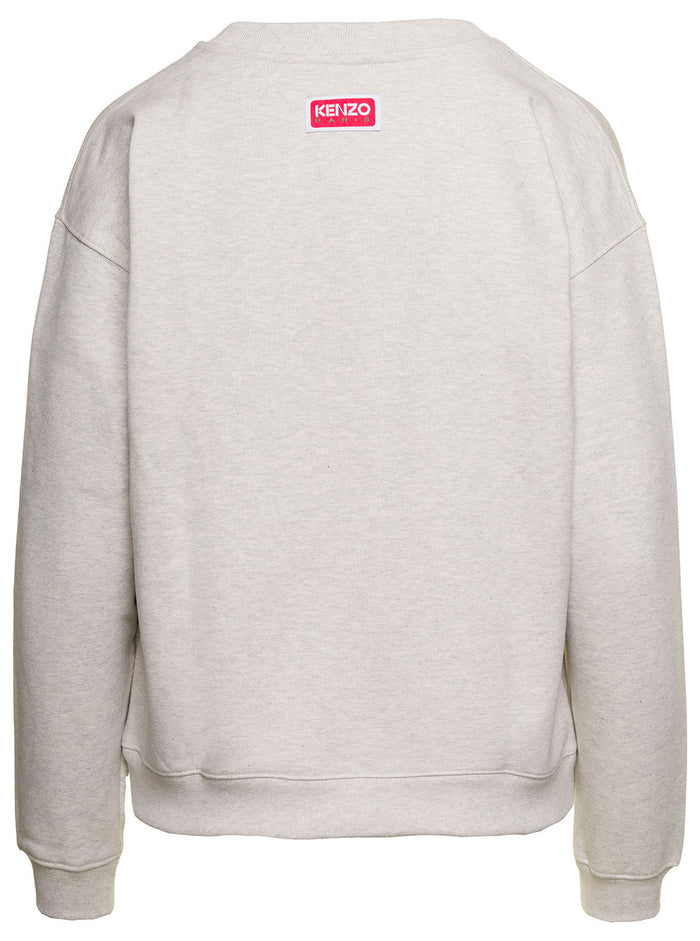 Grey Crewneck Sweatshirt With Boke Flower Logo Print Cotton Stretch Man White Elastane Sweatshirts