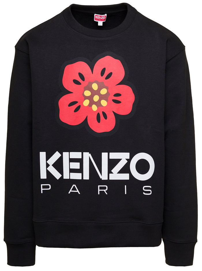 Black Crewneck Sweatshirt With Boke Flower Logo Print Cotton Stretch Man Cottonelastane Sweatshirts