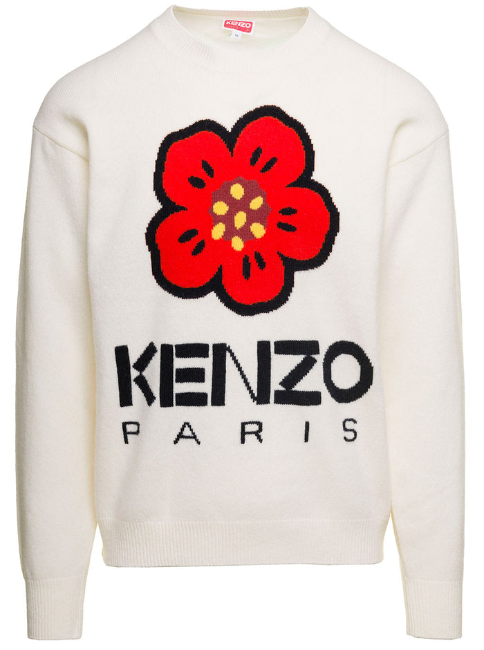 White Crewneck Sweater With Boke Flower Logo Detail Wool Man Jersey