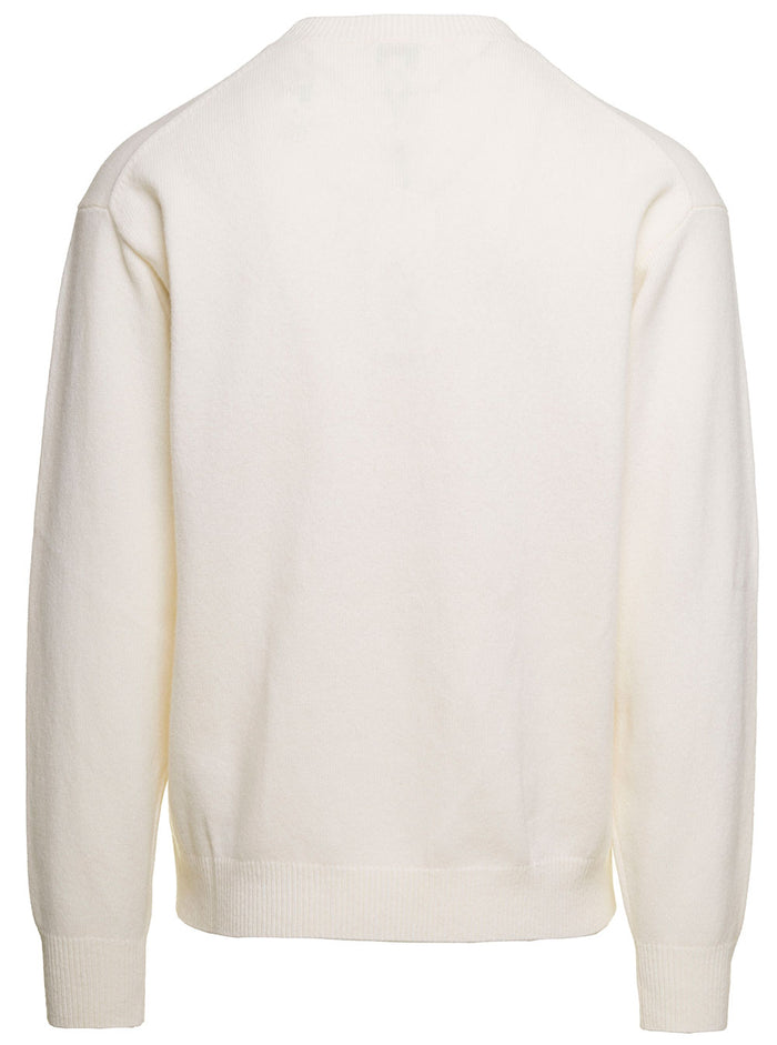 White Crewneck Sweater With Boke Flower Logo Detail Wool Man Jersey