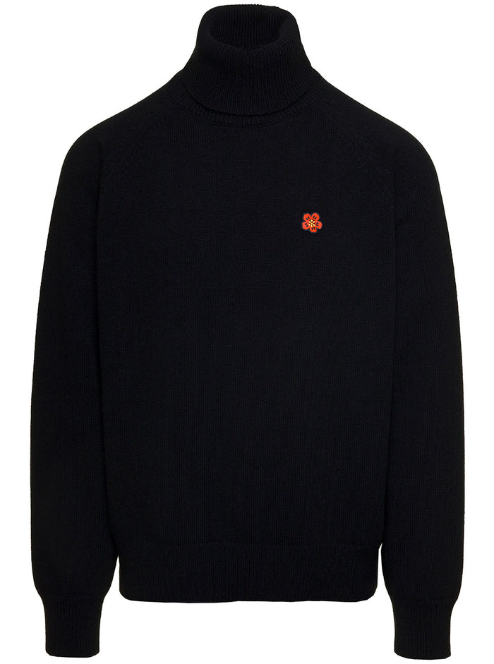 Black Turtle Neck Sweater With Boke Flower Patch Wool Man Jersey