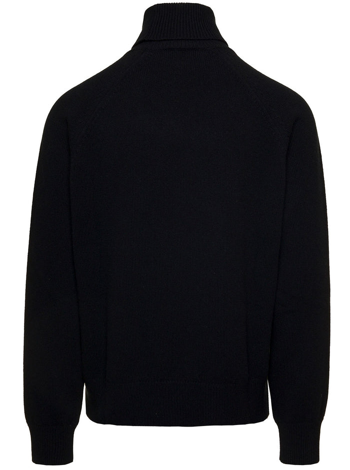 Black Turtle Neck Sweater With Boke Flower Patch Wool Man Jersey