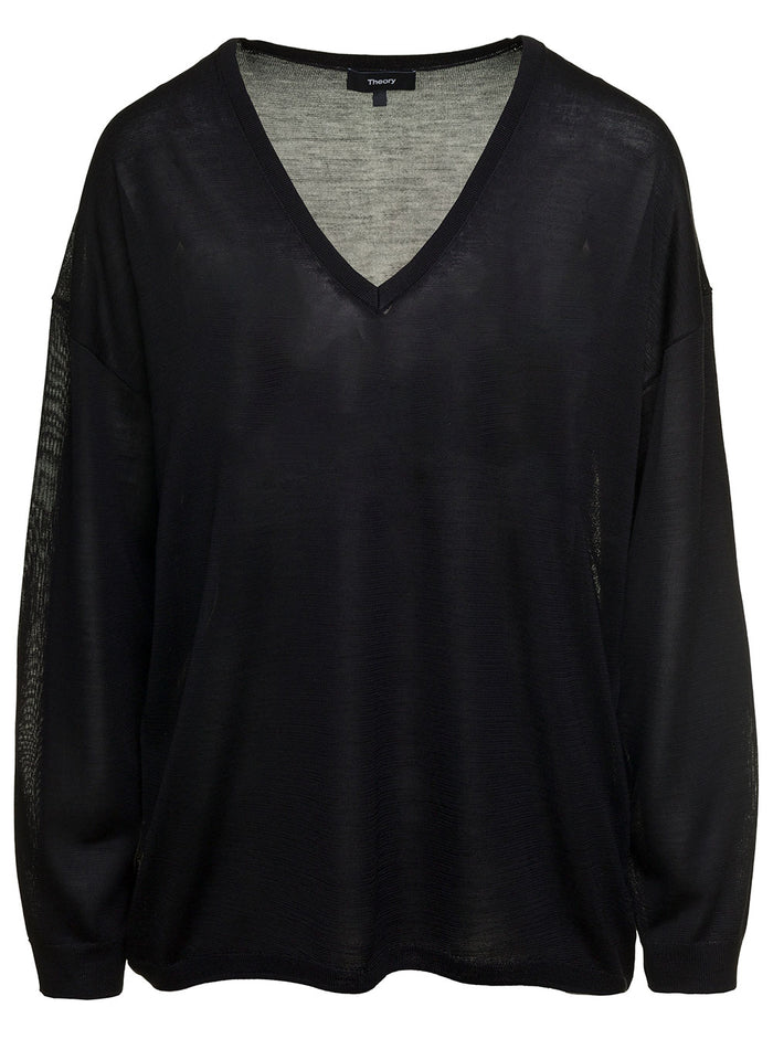 Black Pullover With V Neckline And Long Sleeves Silk Woman Other Fibres Jersey