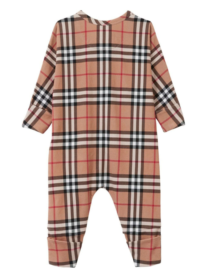 Claude Beige Onesie With Vintage Check Motif And Zip Stretch Cotton Baby Elastane Jumpsuits