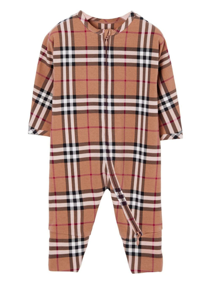 Claude Beige Onesie With Vintage Check Motif And Zip Stretch Cotton Baby Elastane Jumpsuits