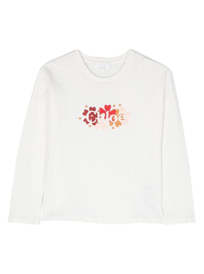 White Long-Sleeve T-Shirt With Embroidered Logo Cotton Girl Tshirts And Polo Shirts