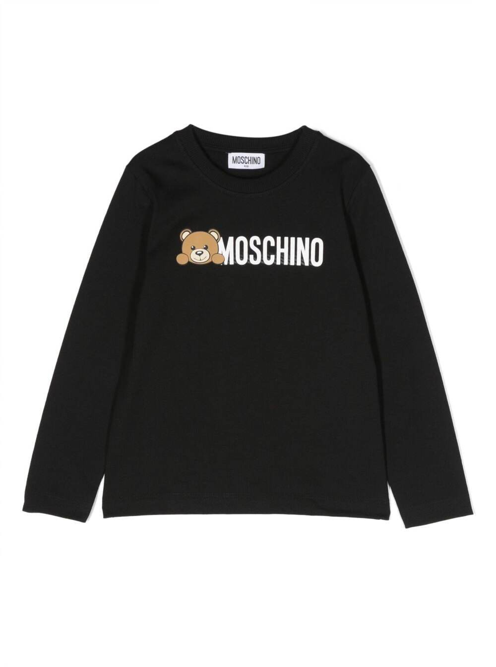 Black T-Shirt With Long Sleeves And Contrasting Logo Print Cotton Boy Tshirts Polo Shirts