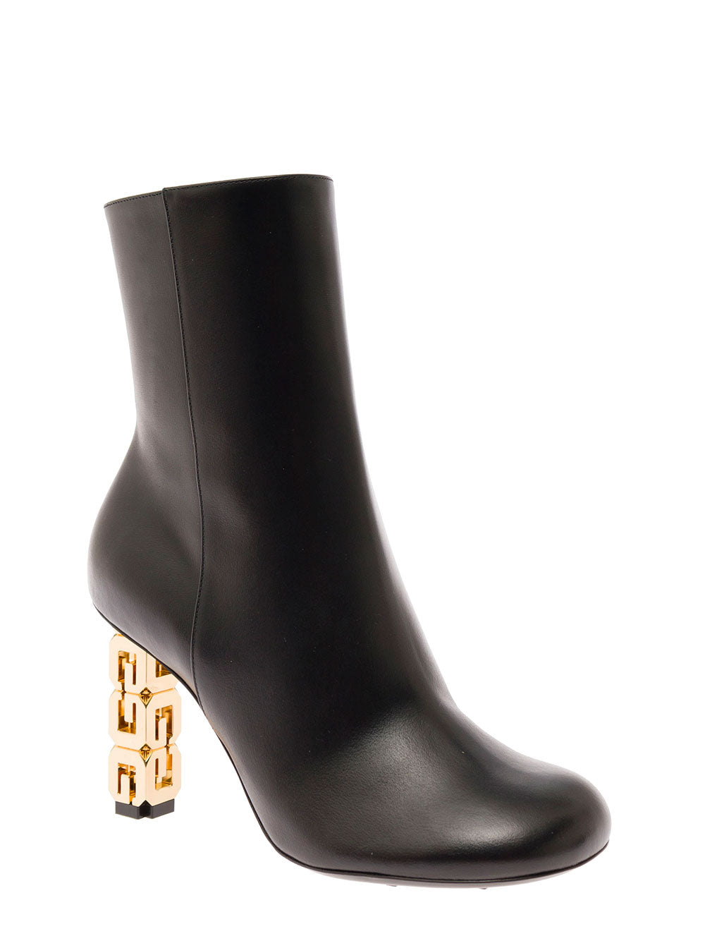 Black G Cube Ankle Boots With Gold-Tone Logo Heel Leather Woman Calf