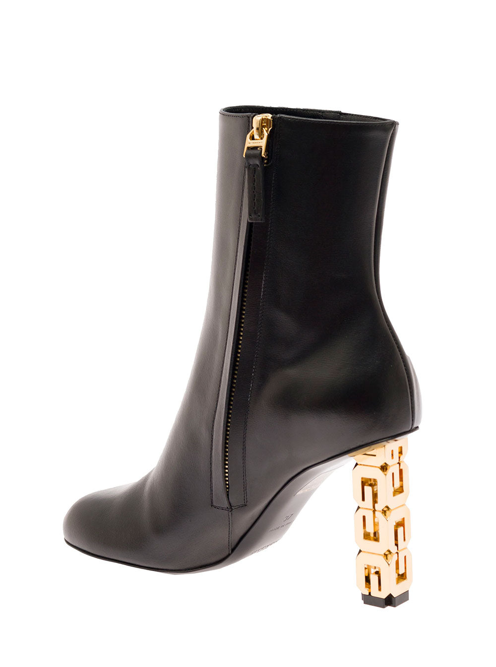 Black G Cube Ankle Boots With Gold-Tone Logo Heel Leather Woman Calf