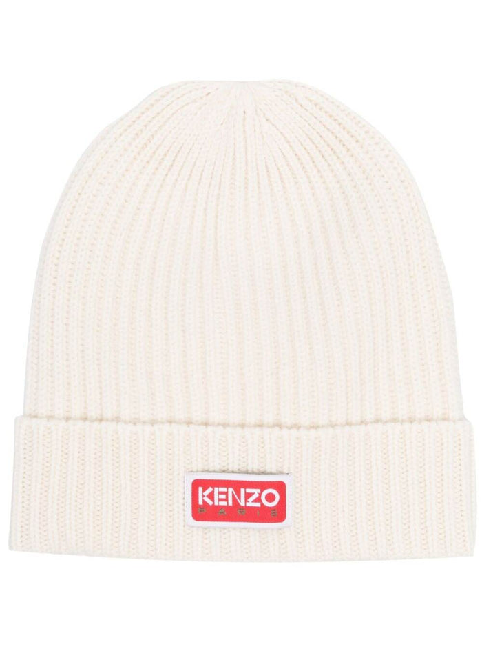 White Beanie With Patch Logo At The Front Wool Blend Man Woollycra Hats And Gloves