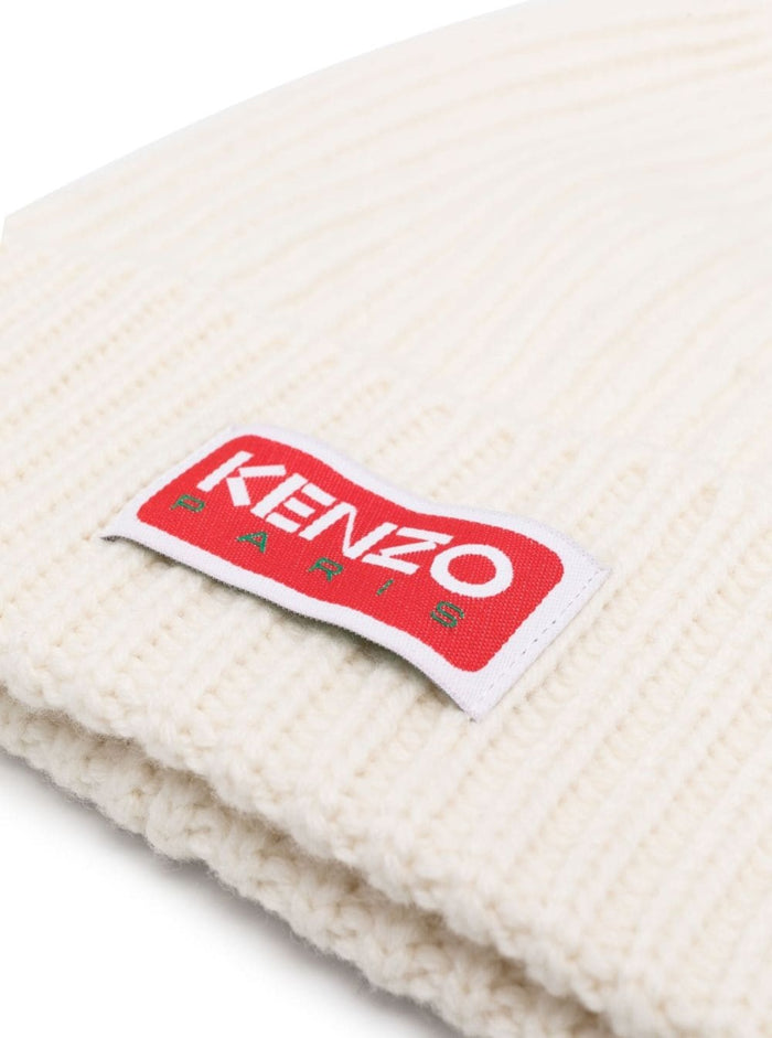 White Beanie With Patch Logo At The Front Wool Blend Man Woollycra Hats And Gloves