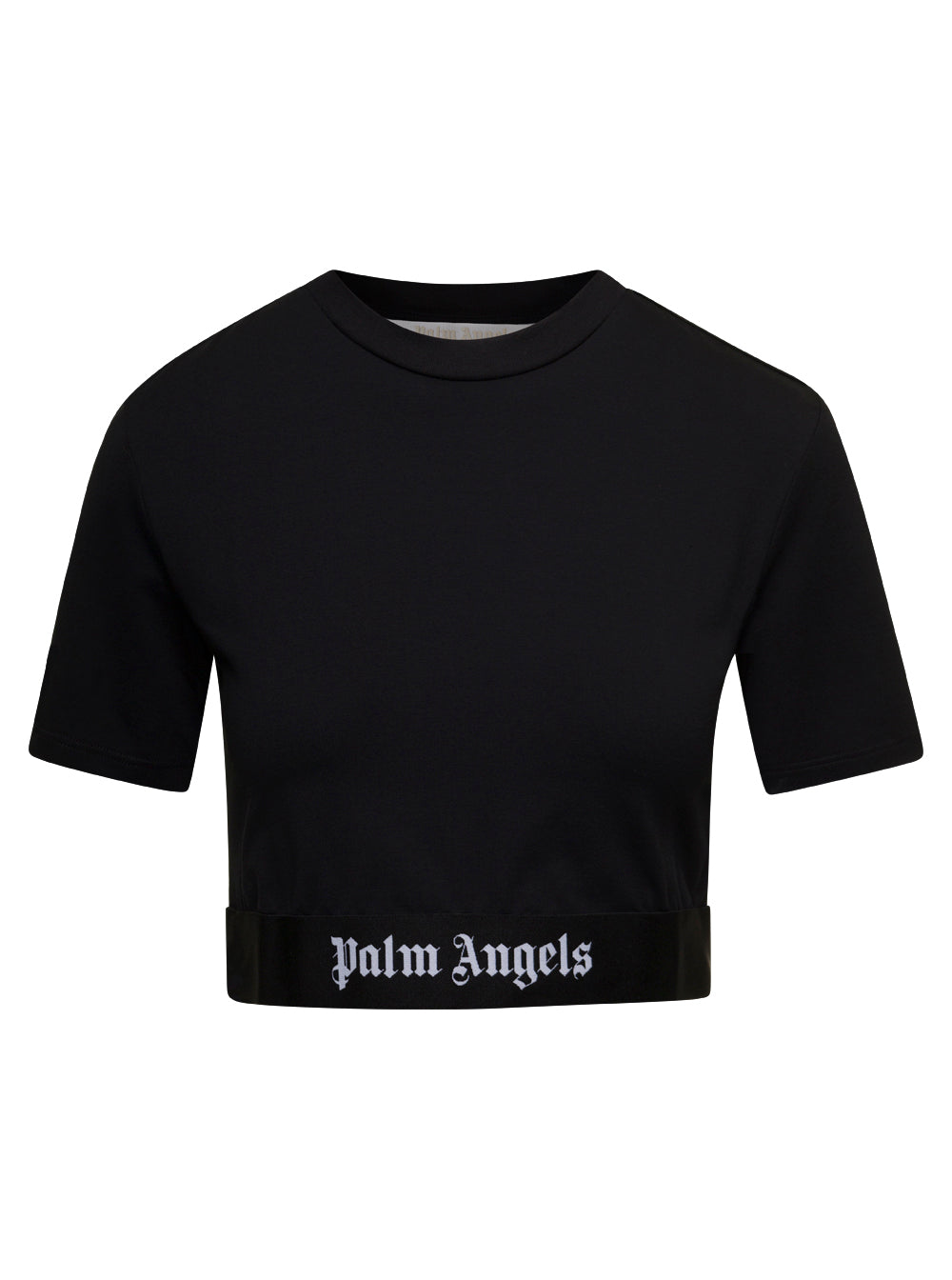 Black Cropped T-Shirt With Logo Band Stretch Cotton Woman Elastane Tshirts And Polo Shirts