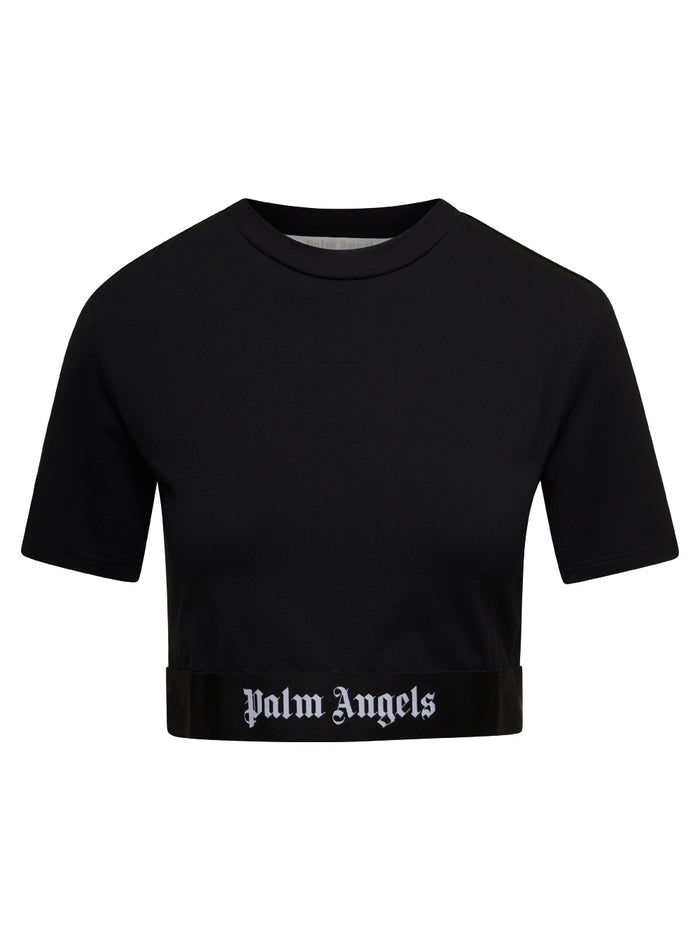 Black Cropped T-Shirt With Logo Band Stretch Cotton Woman Elastane Tshirts And Polo Shirts