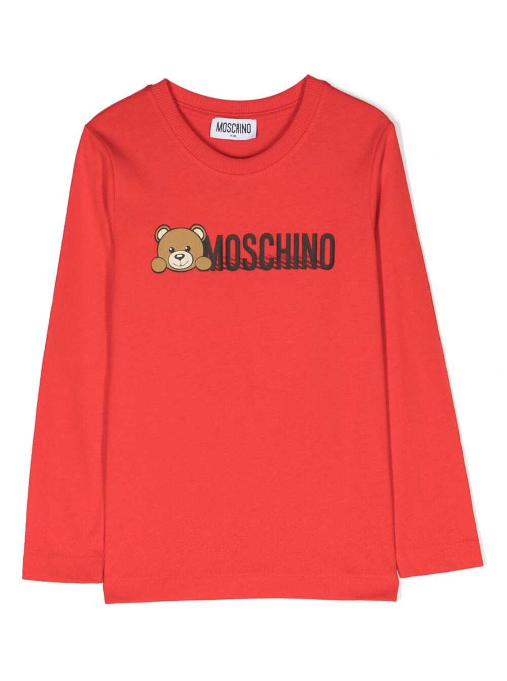Red T-Shirt With Long Sleeves And Contrasting Logo Print Cotton Boy Tshirts Polo Shirts