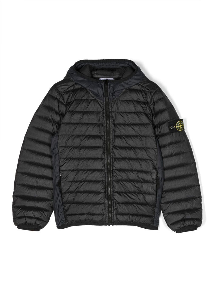 Black Down Jacket With Zipped Fastening And Patch Logo Nylon Boy Polyammide