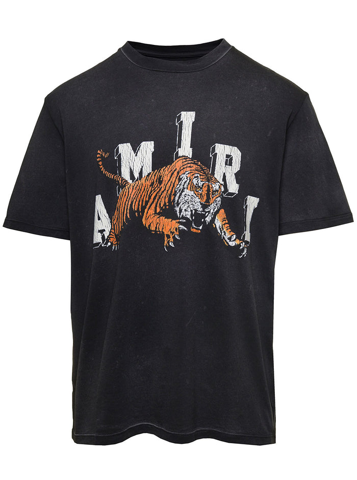Black Vintage T-Shirt With Logo And Tiger Print Cotton Man Tshirts Polo Shirts