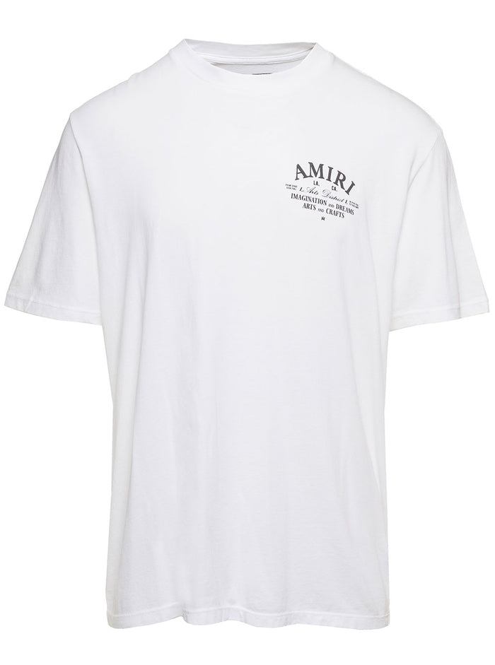 Arts District White Crewneck T-Shirt With Contrasting Logo Print Cotton Man Tshirts And Polo Shirts