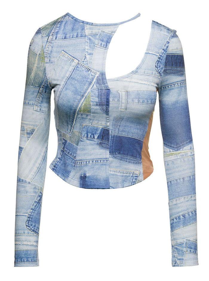 Anja Light Blue Long-Sleeve Top With Cut-Out And Denim Patch Print Woman Blu Polyester Tops