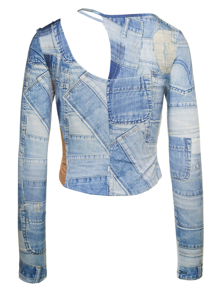 Anja Light Blue Long-Sleeve Top With Cut-Out And Denim Patch Print Woman Blu Polyester Tops