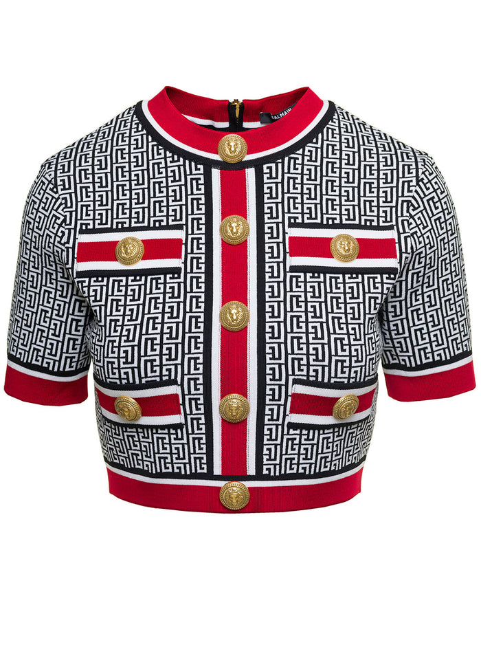 Multicolor Cropped Top With Monogram Print And Jewel Buttons Viscose Blend Woman Polyester Polyamide Tops