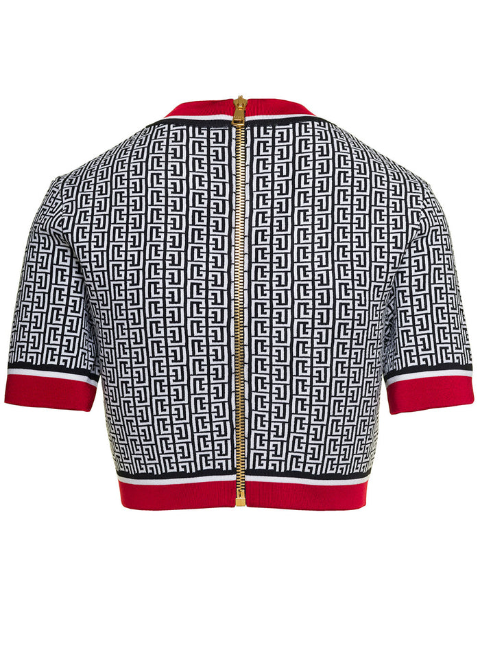 Multicolor Cropped Top With Monogram Print And Jewel Buttons Viscose Blend Woman Polyester Polyamide Tops