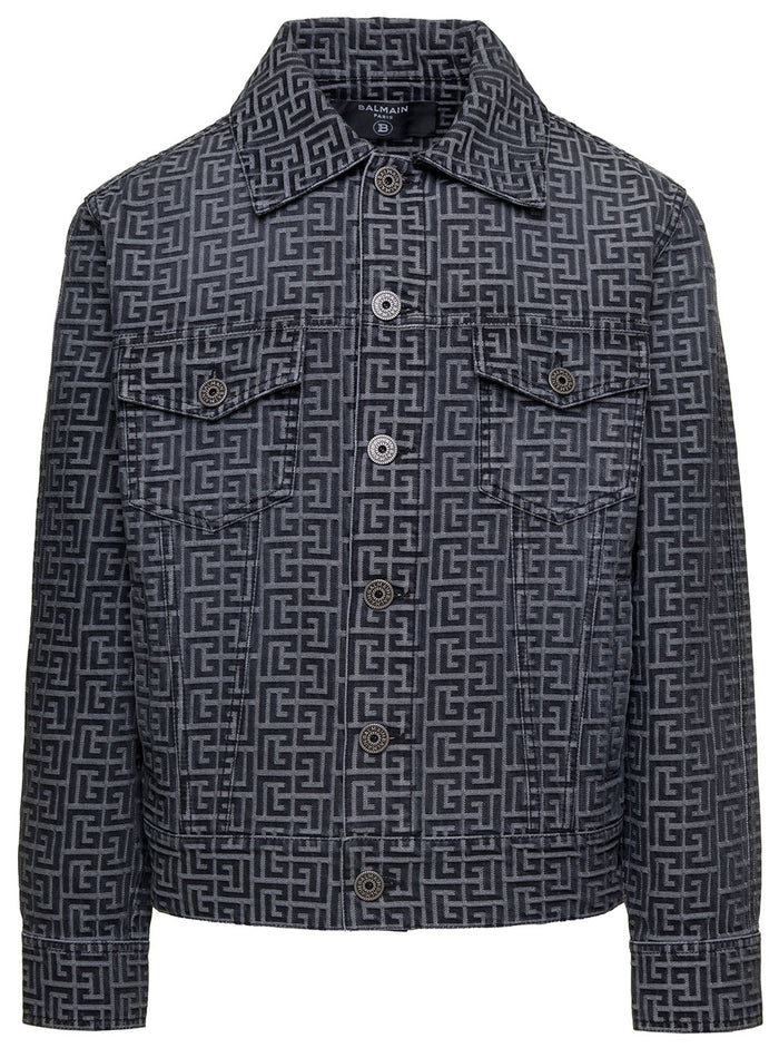 Grey Jacket With Jacquard Monogram Motif Stretch Denim Man Polyester Elastane