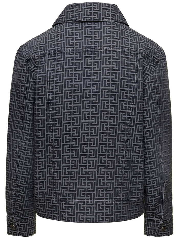 Grey Jacket With Jacquard Monogram Motif Stretch Denim Man Polyester Elastane