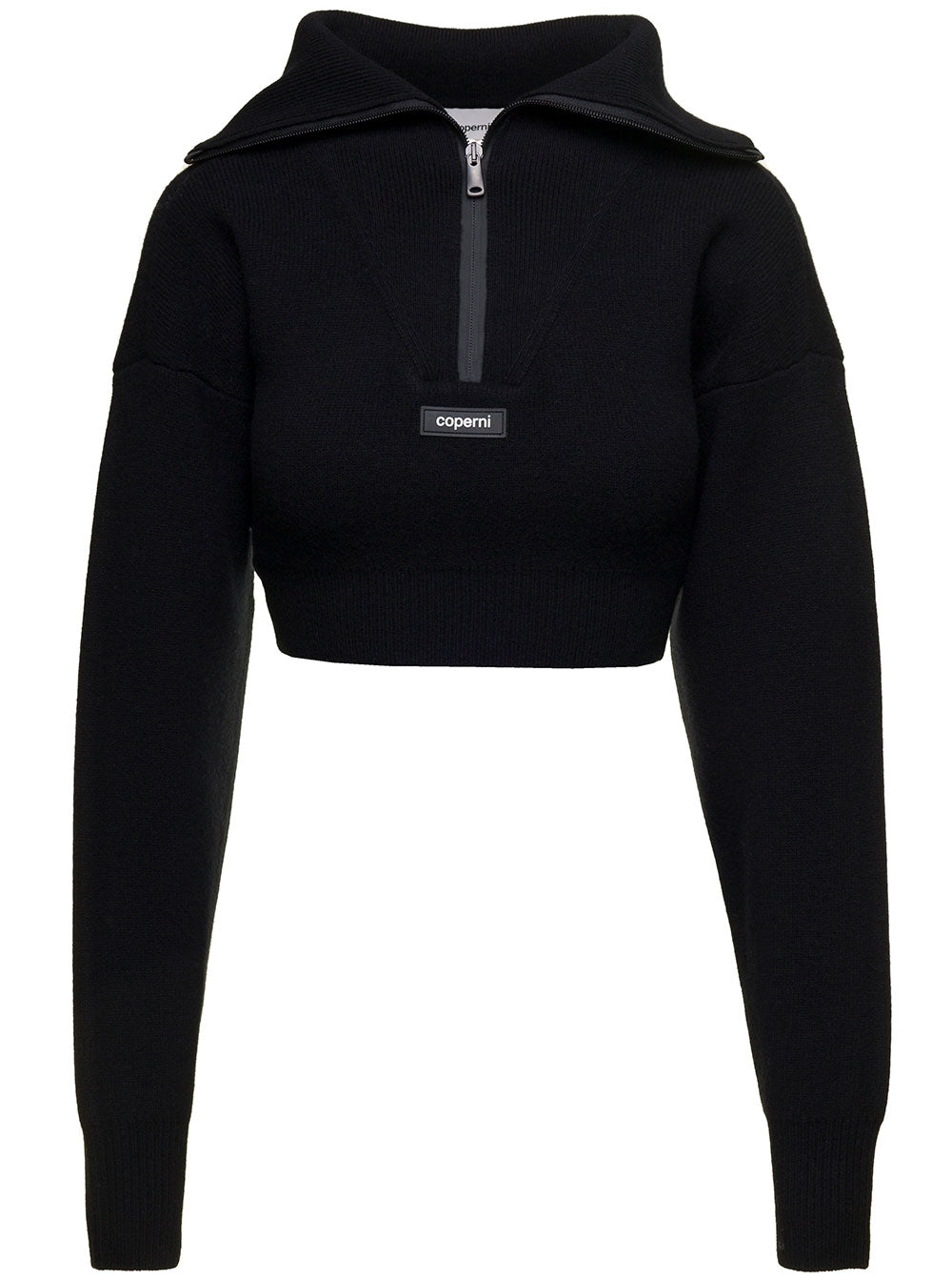 Black Cropped Half-Zip Sweater Ribbed Wool Woman Jersey