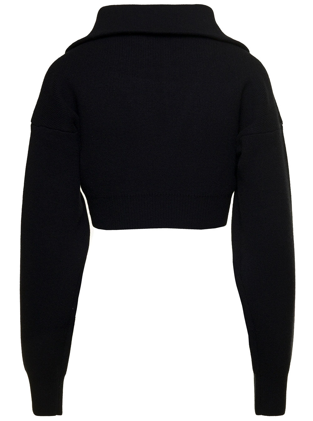 Black Cropped Half-Zip Sweater Ribbed Wool Woman Jersey