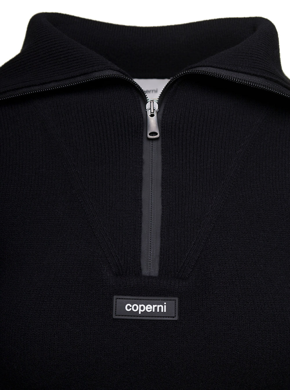 Black Cropped Half-Zip Sweater Ribbed Wool Woman Jersey