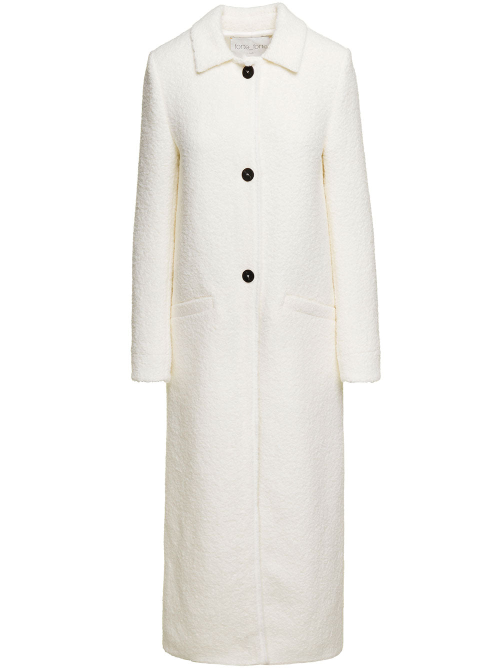 Long White Coat With Black Buttons And Collar Bouclè Wool Woman