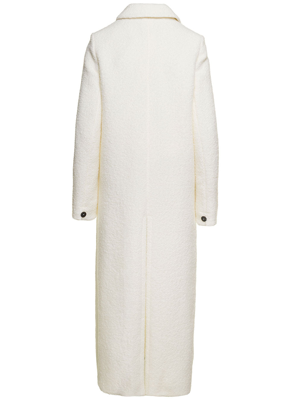 Long White Coat With Black Buttons And Collar Bouclè Wool Woman