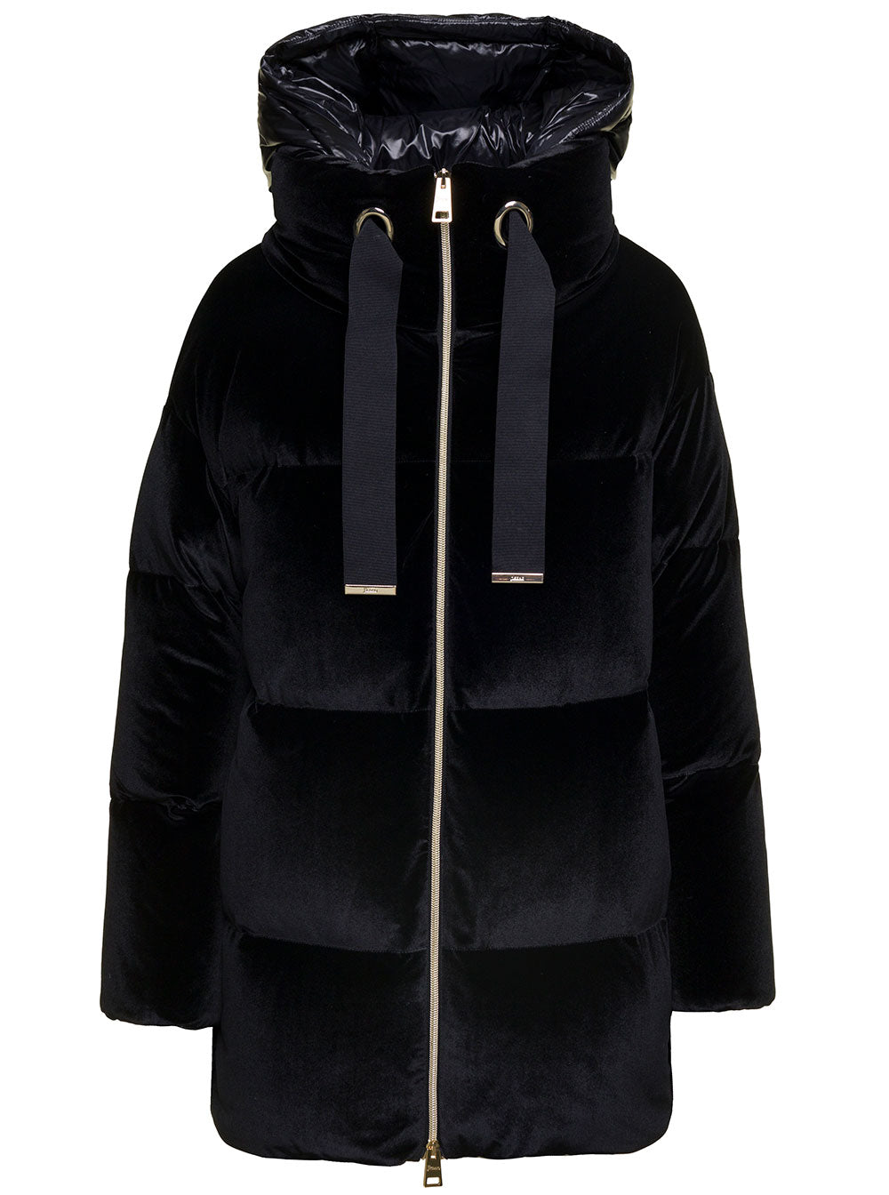 Black Oversized Down Jacket With Hood And Coulisse Velvet Woman Polyester Elastane