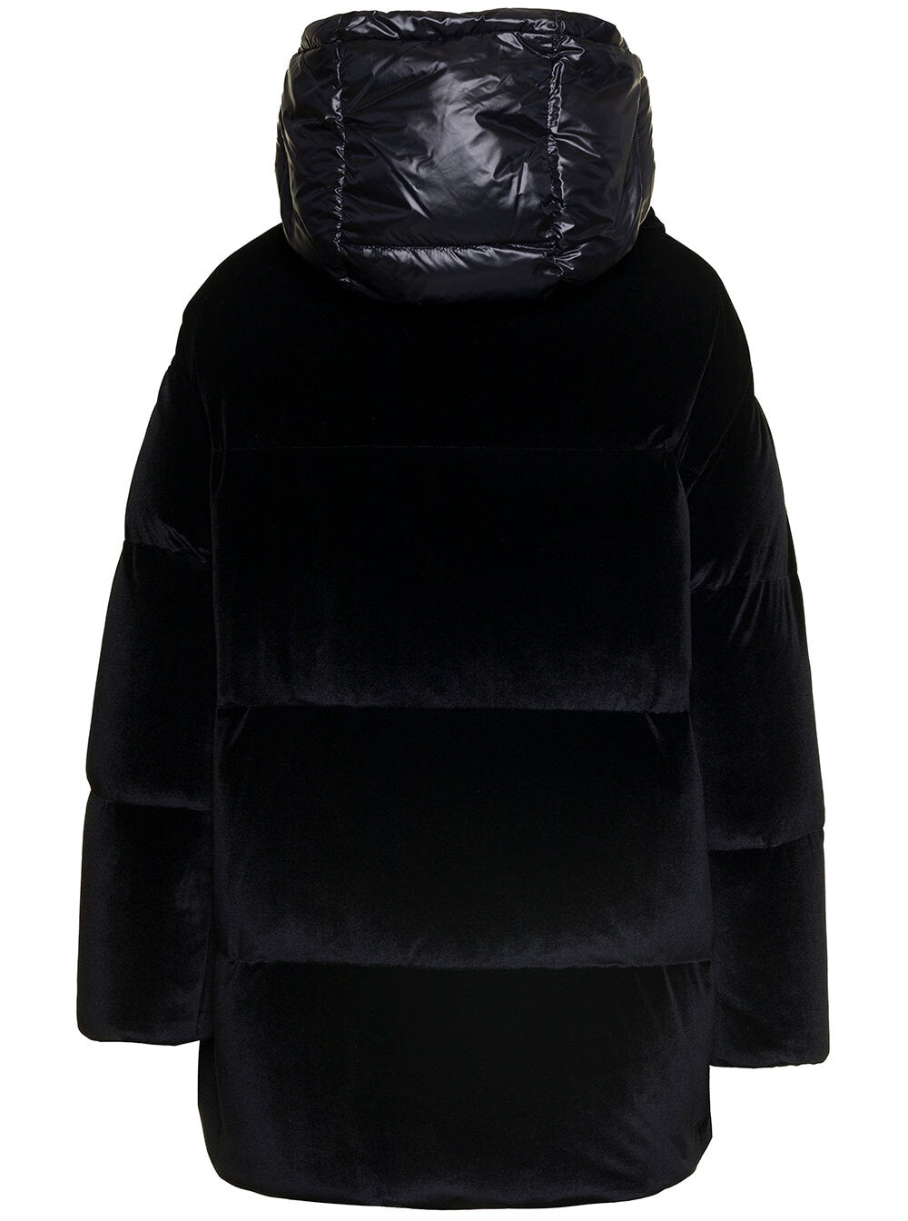 Black Oversized Down Jacket With Hood And Coulisse Velvet Woman Polyester Elastane
