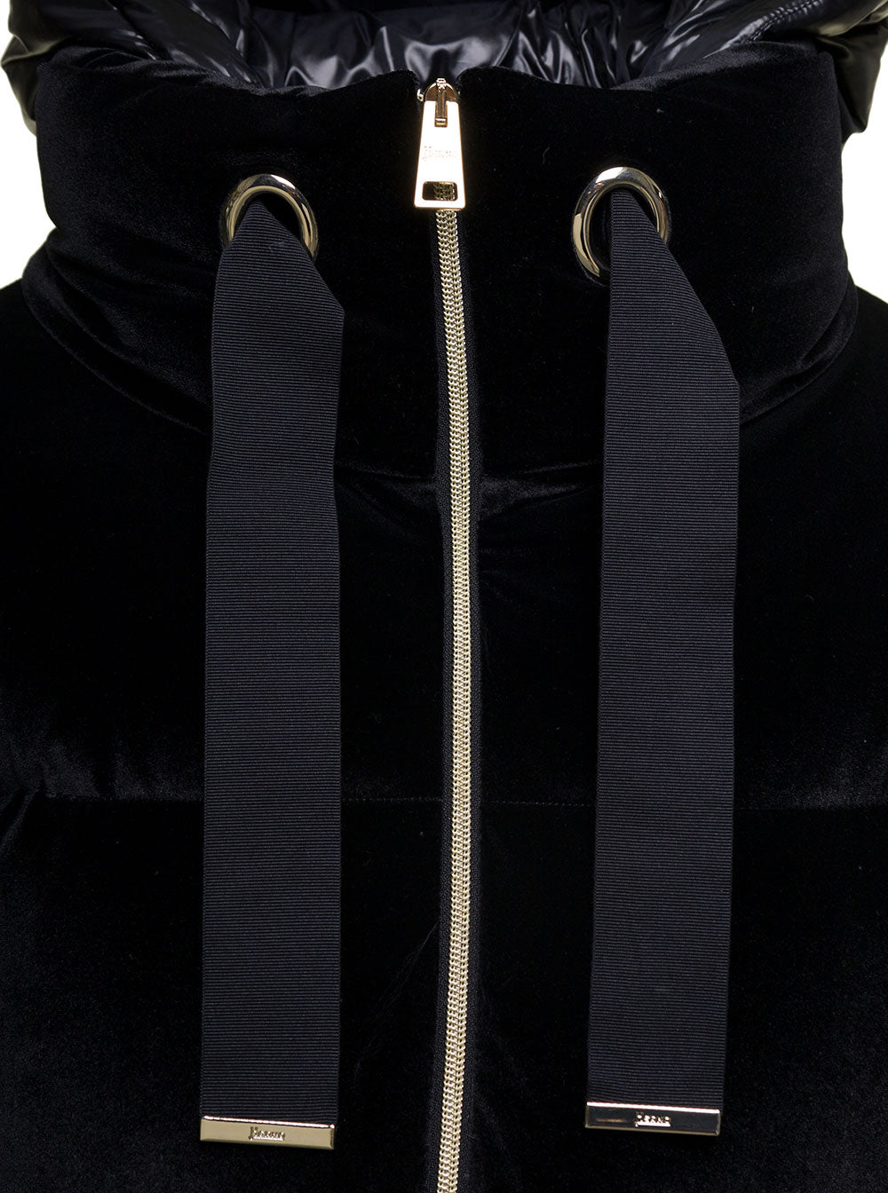 Black Oversized Down Jacket With Hood And Coulisse Velvet Woman Polyester Elastane