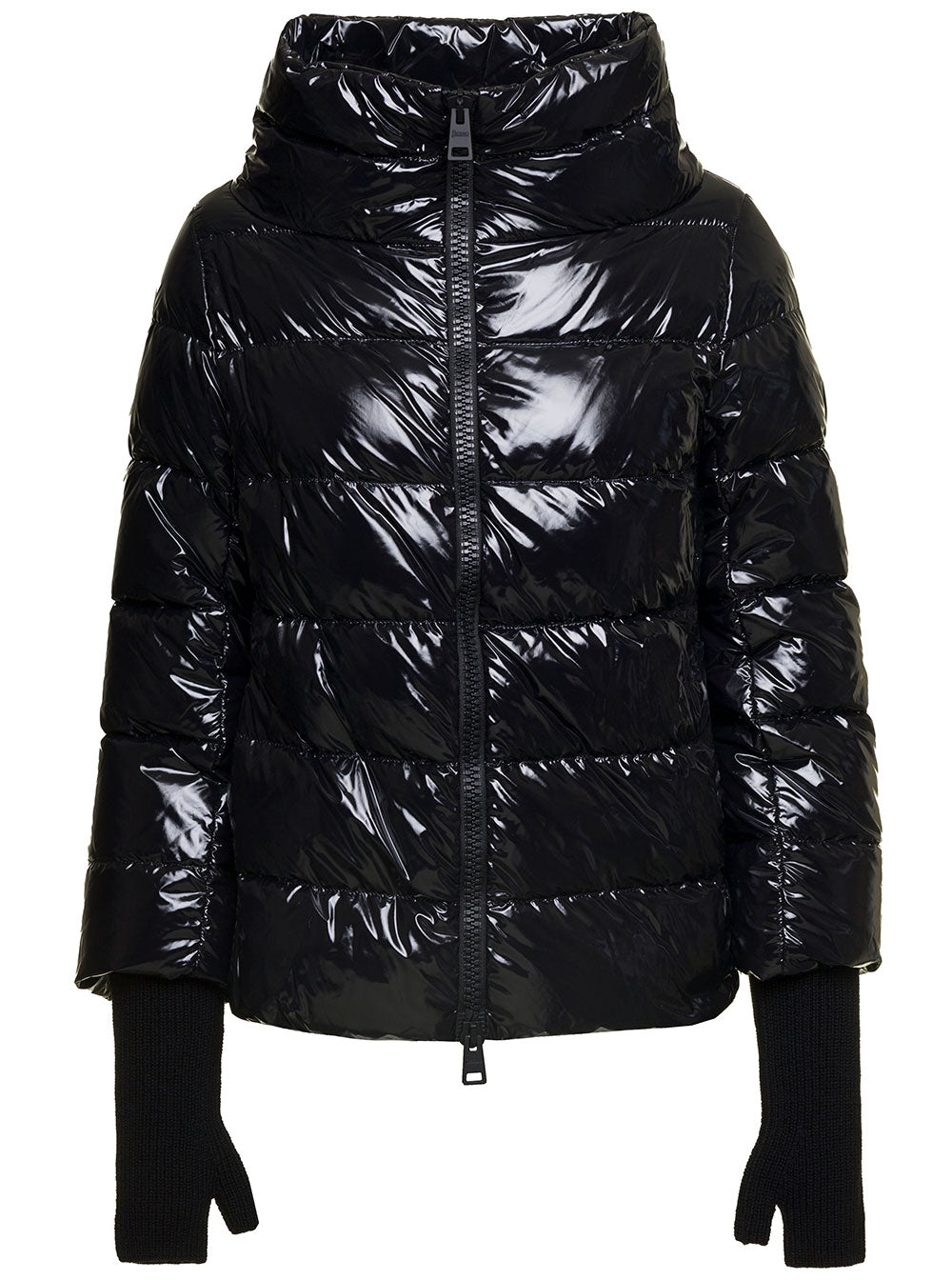 Black Gloss Puffer Down Jacket With Gloves Shiny Nylon Woman Polyamide