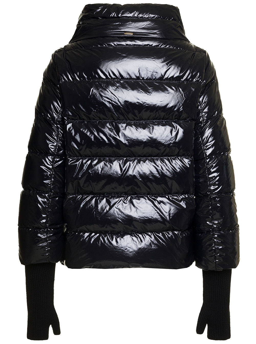 Black Gloss Puffer Down Jacket With Gloves Shiny Nylon Woman Polyamide