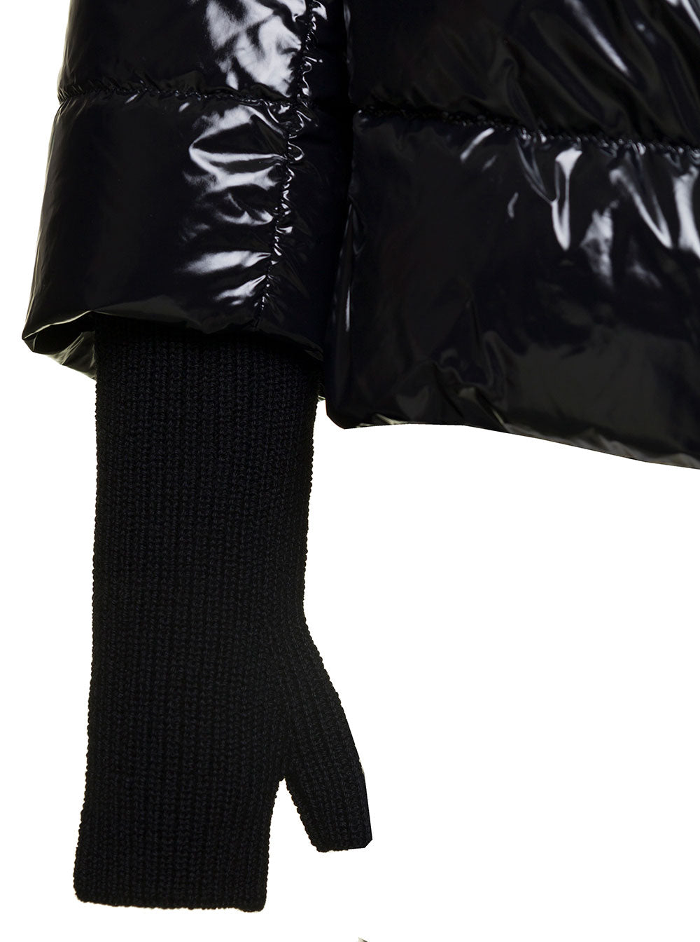 Black Gloss Puffer Down Jacket With Gloves Shiny Nylon Woman Polyamide