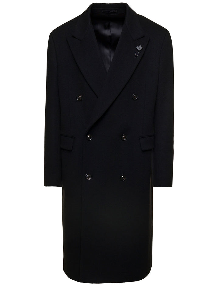 Black Maxi Double-Breasted Coat With Revers Clip Wool Man