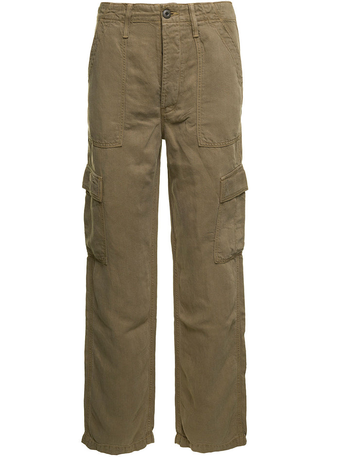 Military Green Cargo Pants With Logo Patch Lyocell Woman Linen Trousers