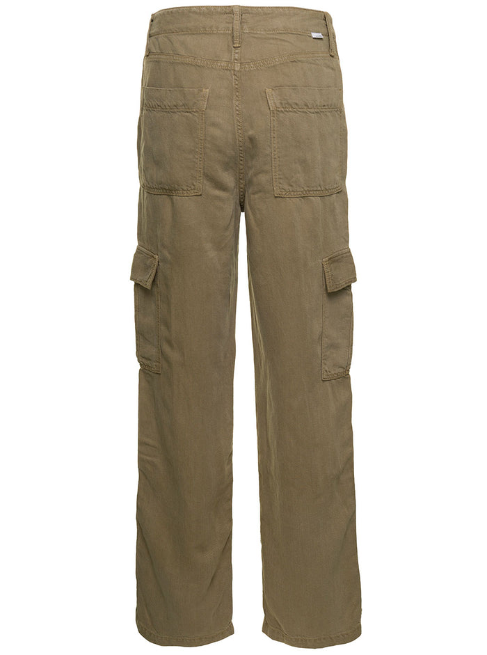 Military Green Cargo Pants With Logo Patch Lyocell Woman Linen Trousers
