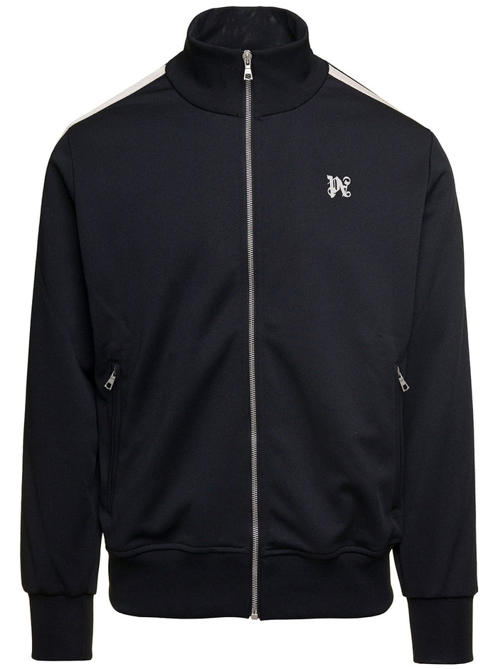 Black Track Sweatshirt With Contrasting Lettering Logo Nylon Man Polyester Sweatshirts